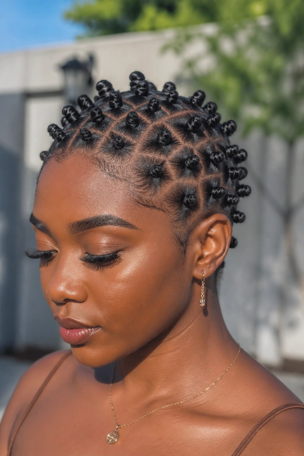 Close-up of tiny micro Bantu knots on short natural hair showing defined set