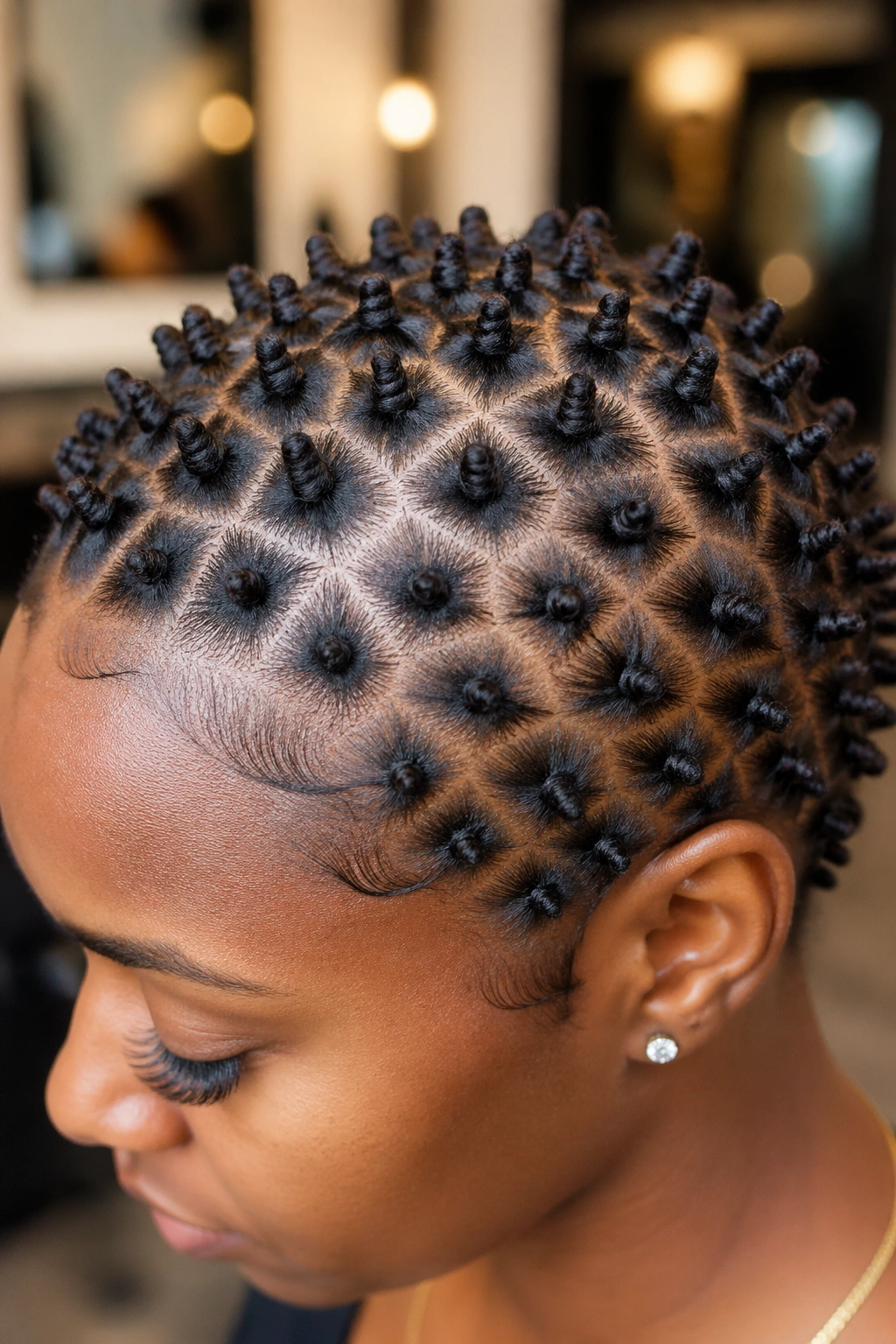 Close-up of tiny micro bantu knots across the scalp on a real person