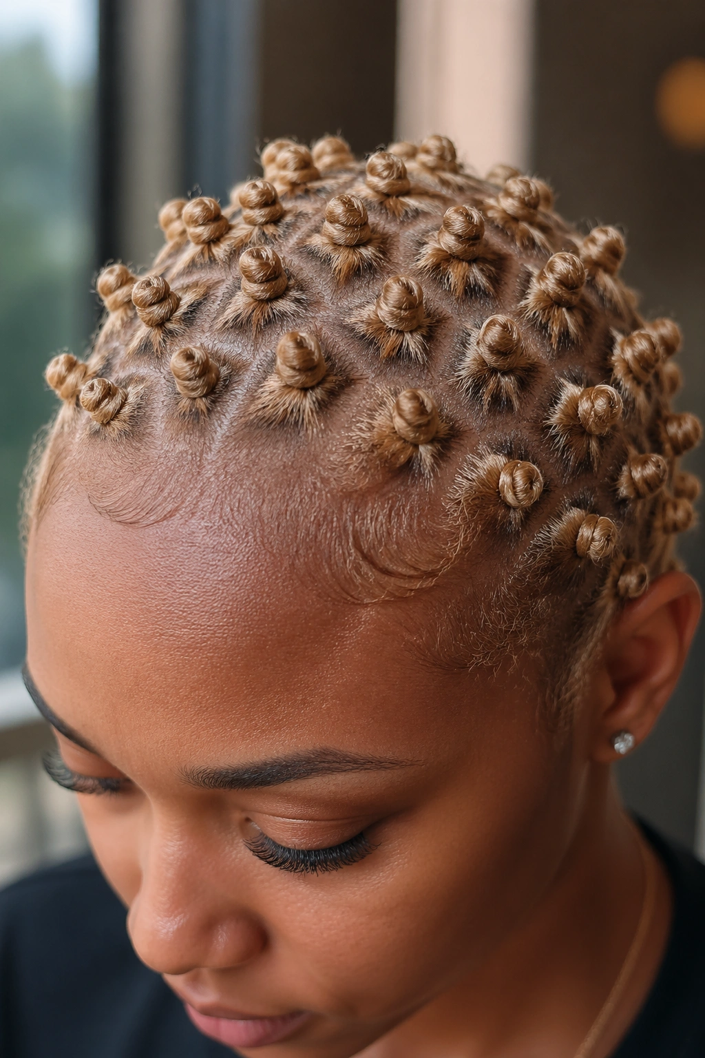 Close-up of a real person with micro blonde Bantu knots across the scalp.