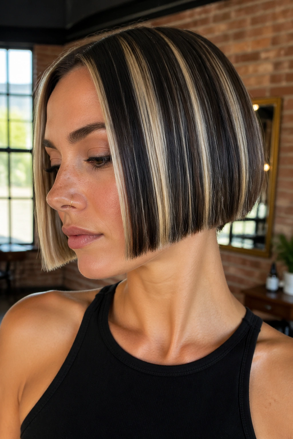 Close-up of a real woman with a micro bob and chunky high-contrast streaks