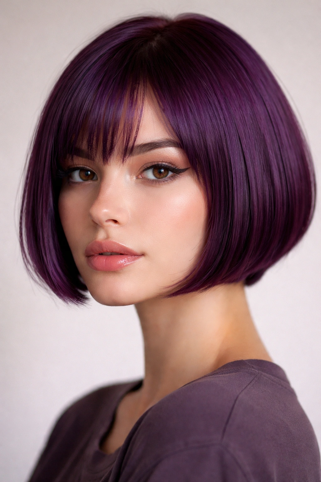 Close-up of micro bob with grape gloss showing crisp line and glossy purple shade