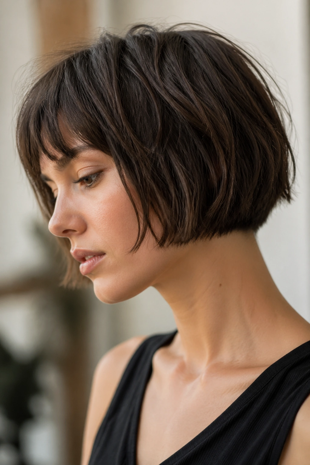 Close-up of a real woman with micro bob and gritty texture.