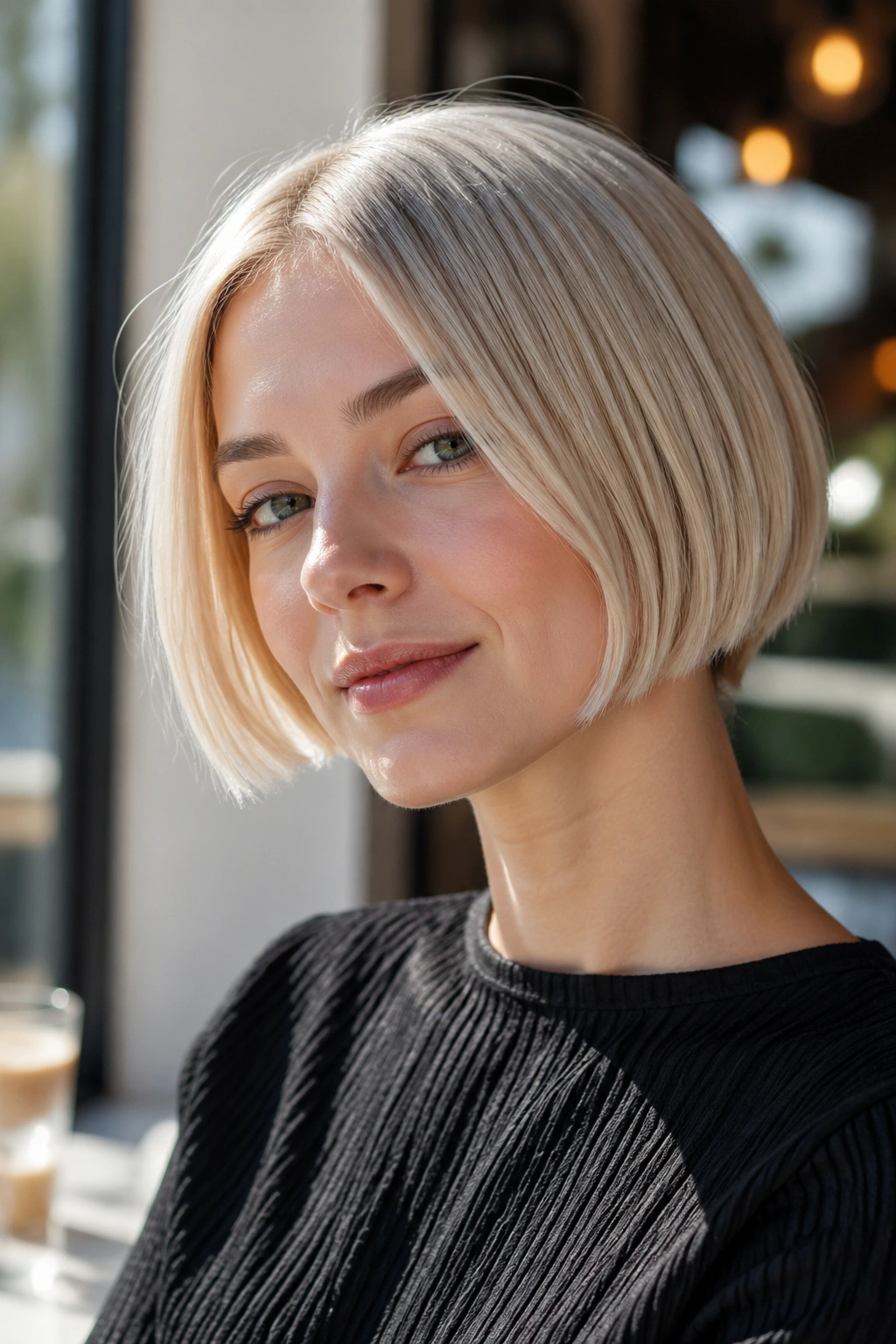 Close-up portrait of a real woman with Micro Bob with Icy Beige Blonde hair