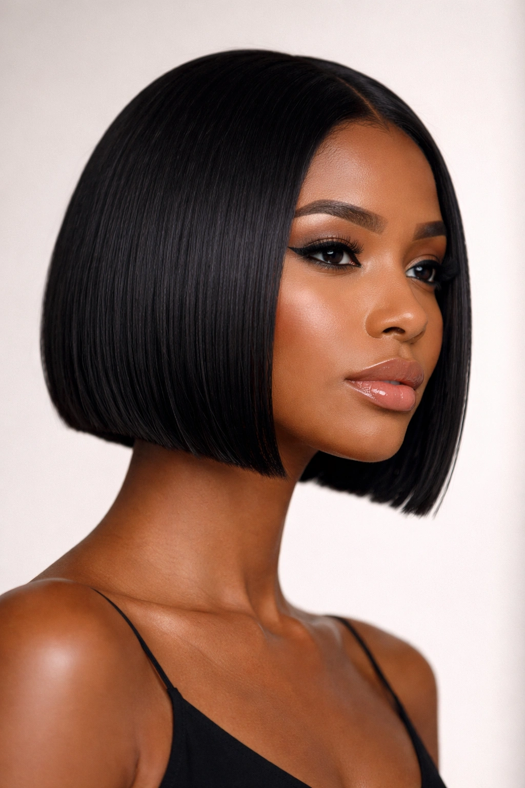 Close-up of a micro bob ending at the jawline on straight black hair