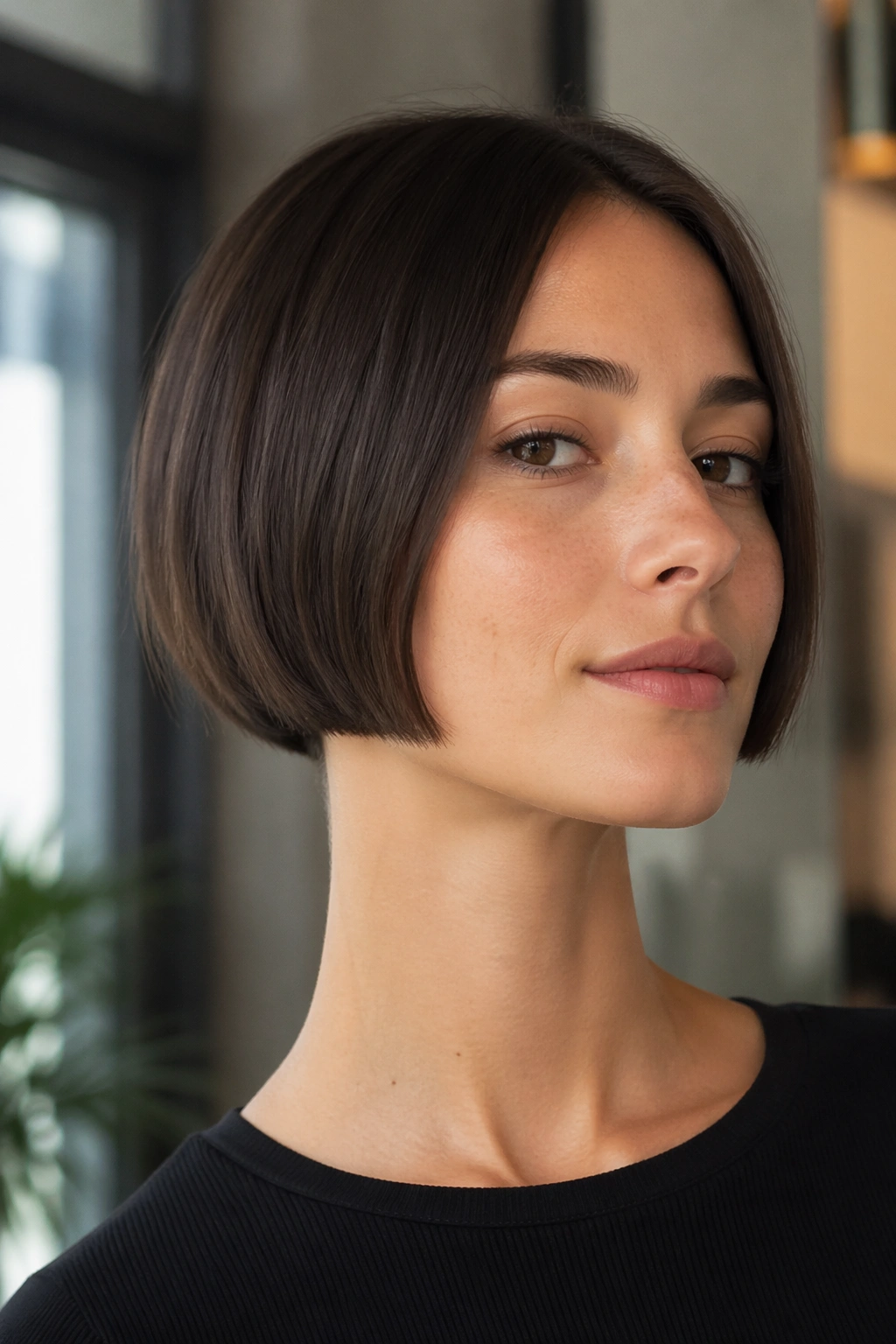 Close-up of a real woman's micro bob showing a sharp jawline-cut