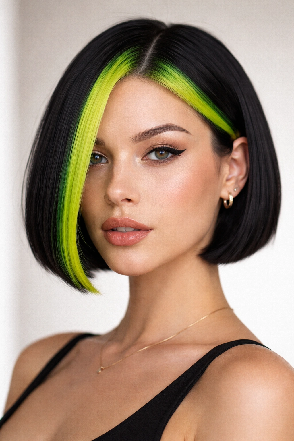Close-up of micro bob with neon money piece at front, bold color near eyes