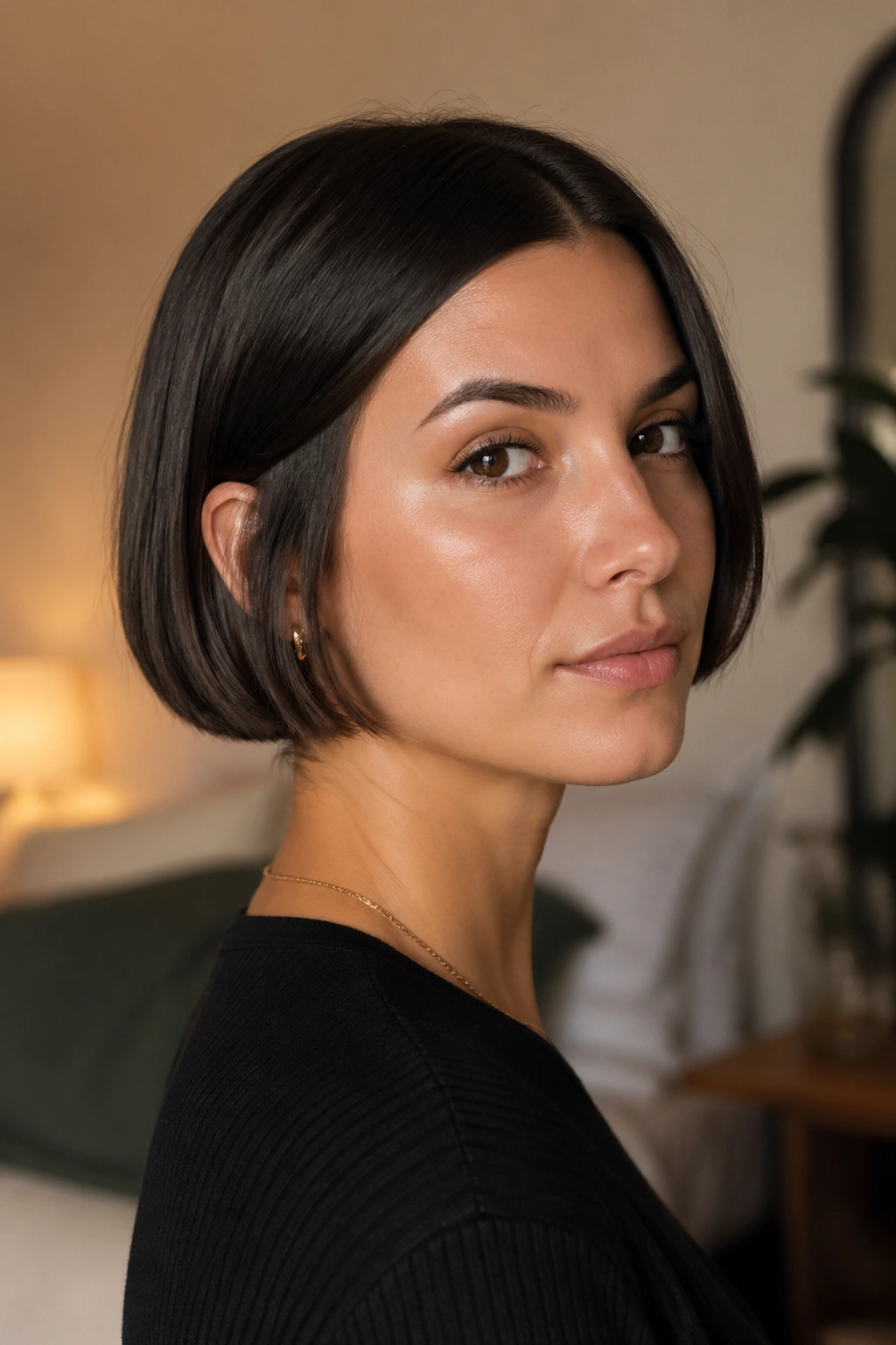 Close-up of a real woman with a micro bob at the jawline