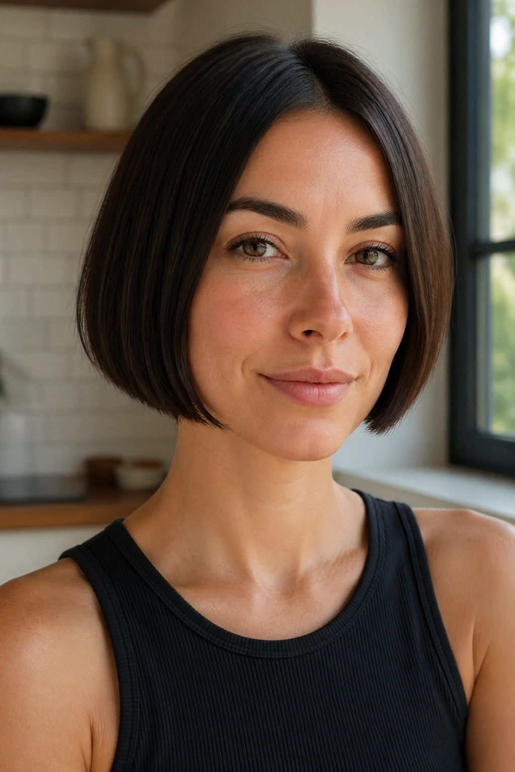 Close-up portrait of a woman with a micro bob showing precise, short length