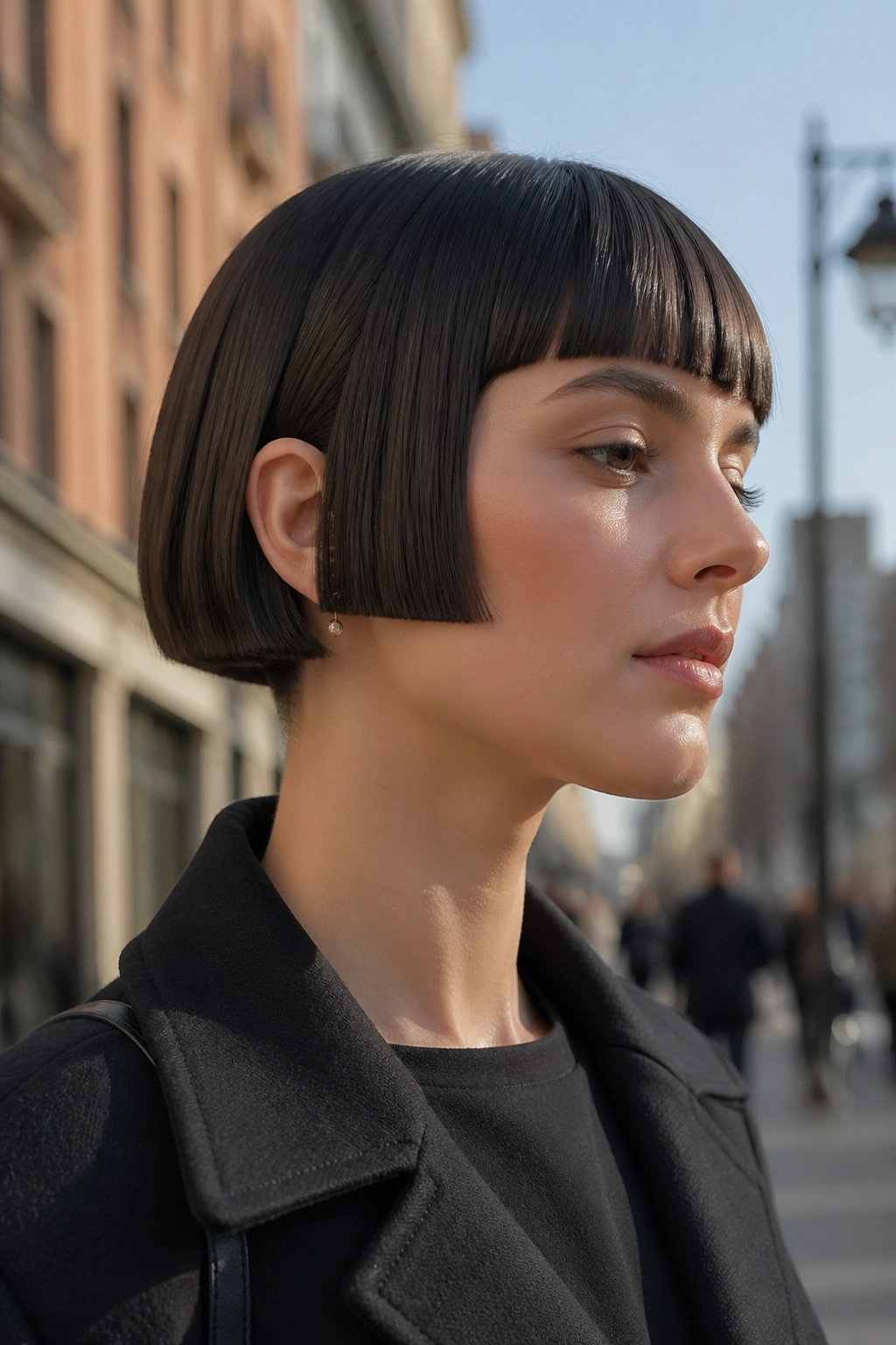 Portrait of a real person with a micro bob bowl cut and sharp edge under the ear
