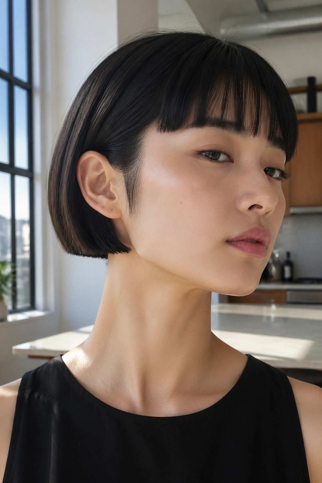 Close-up of a woman with micro Japanese bob sharp outline