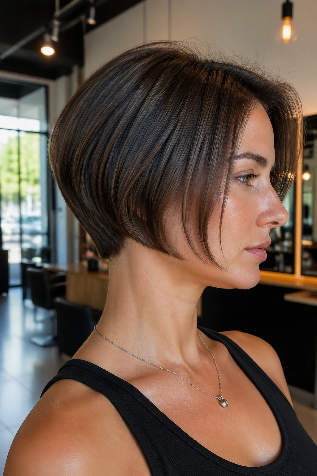 Real person with tapered-nape micro bob showing neck-hugging back