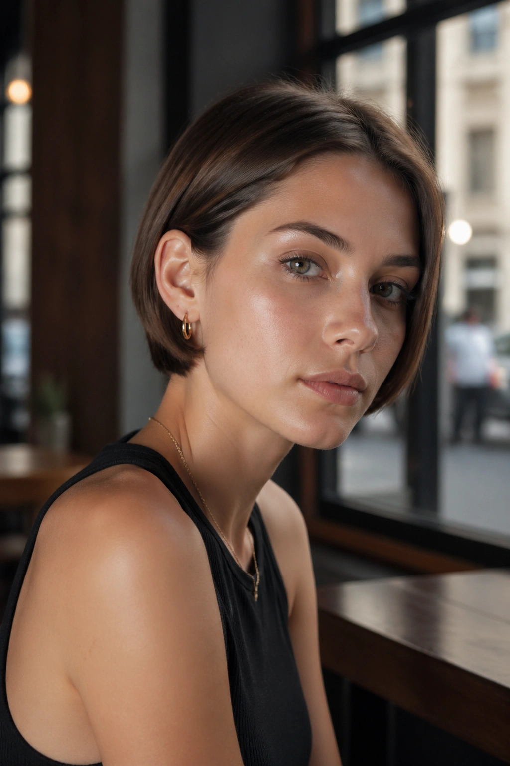 Close-up of real woman with micro bob tucked behind the ear, sharp outline
