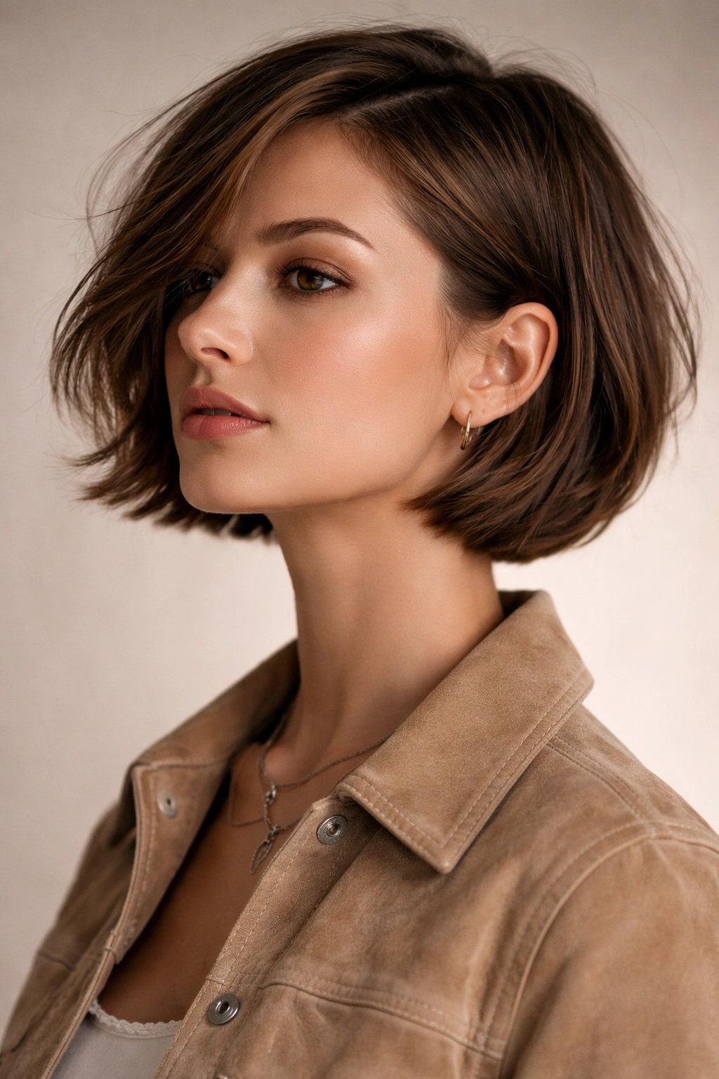 Close-up of micro cowgirl bob with tucked-in ends and side-part