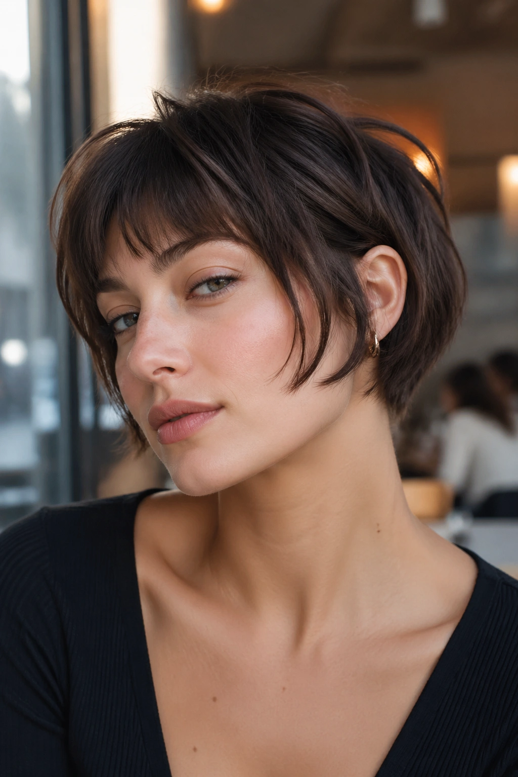 Close-up of a real woman with a micro French bob wolf cut skimming the ears