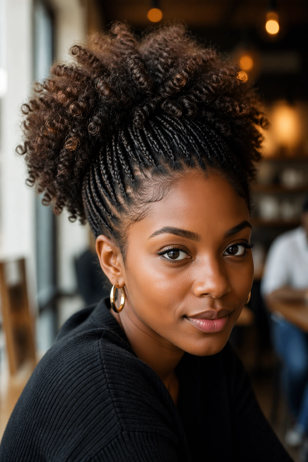 Close-up portrait of a real woman with micro braids and full Afro finish