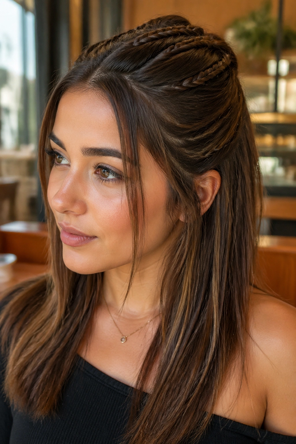 Close-up of a real woman with micro braids woven through a half-up hairstyle