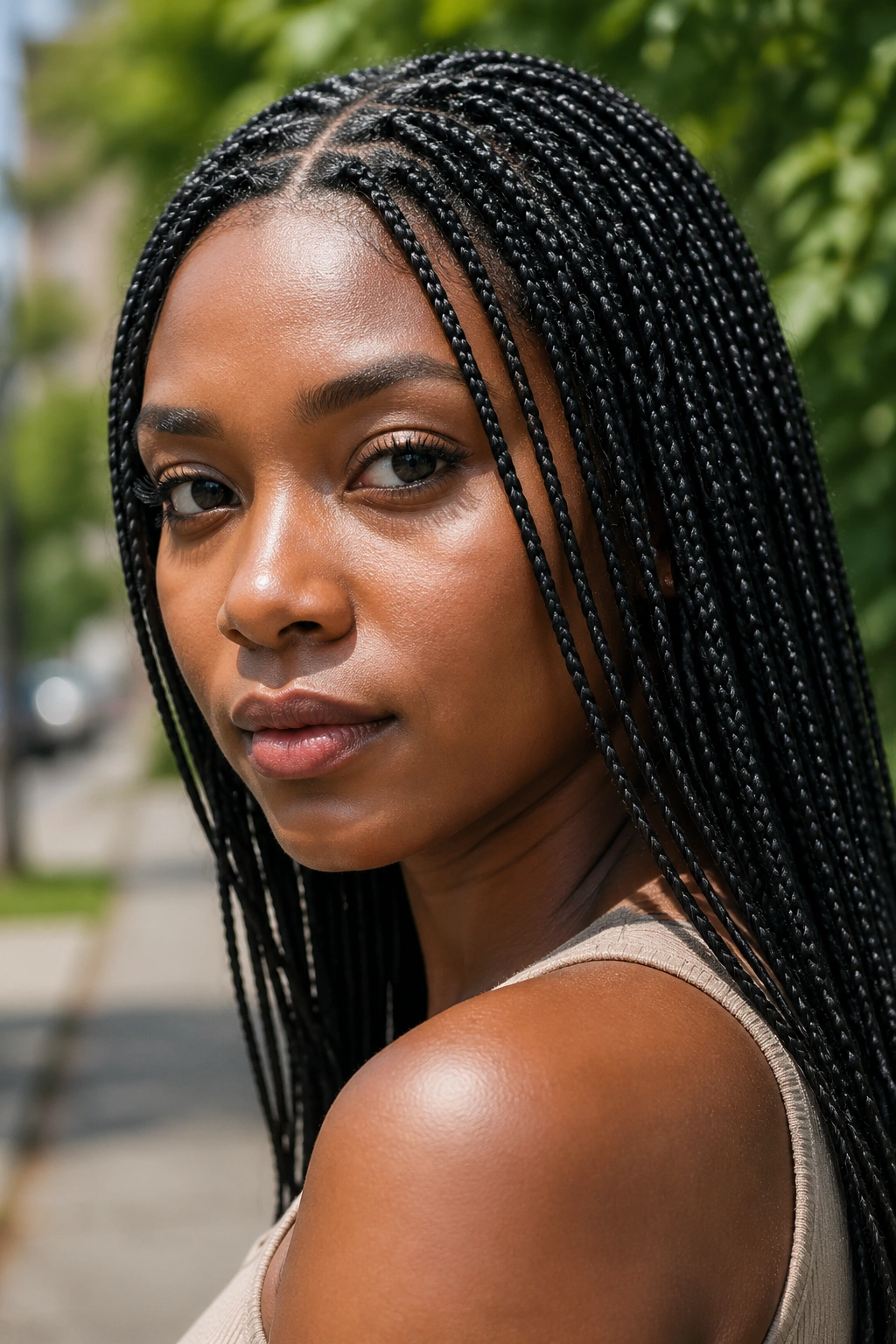 Close-up of a real woman with micro braids in outdoor daylight