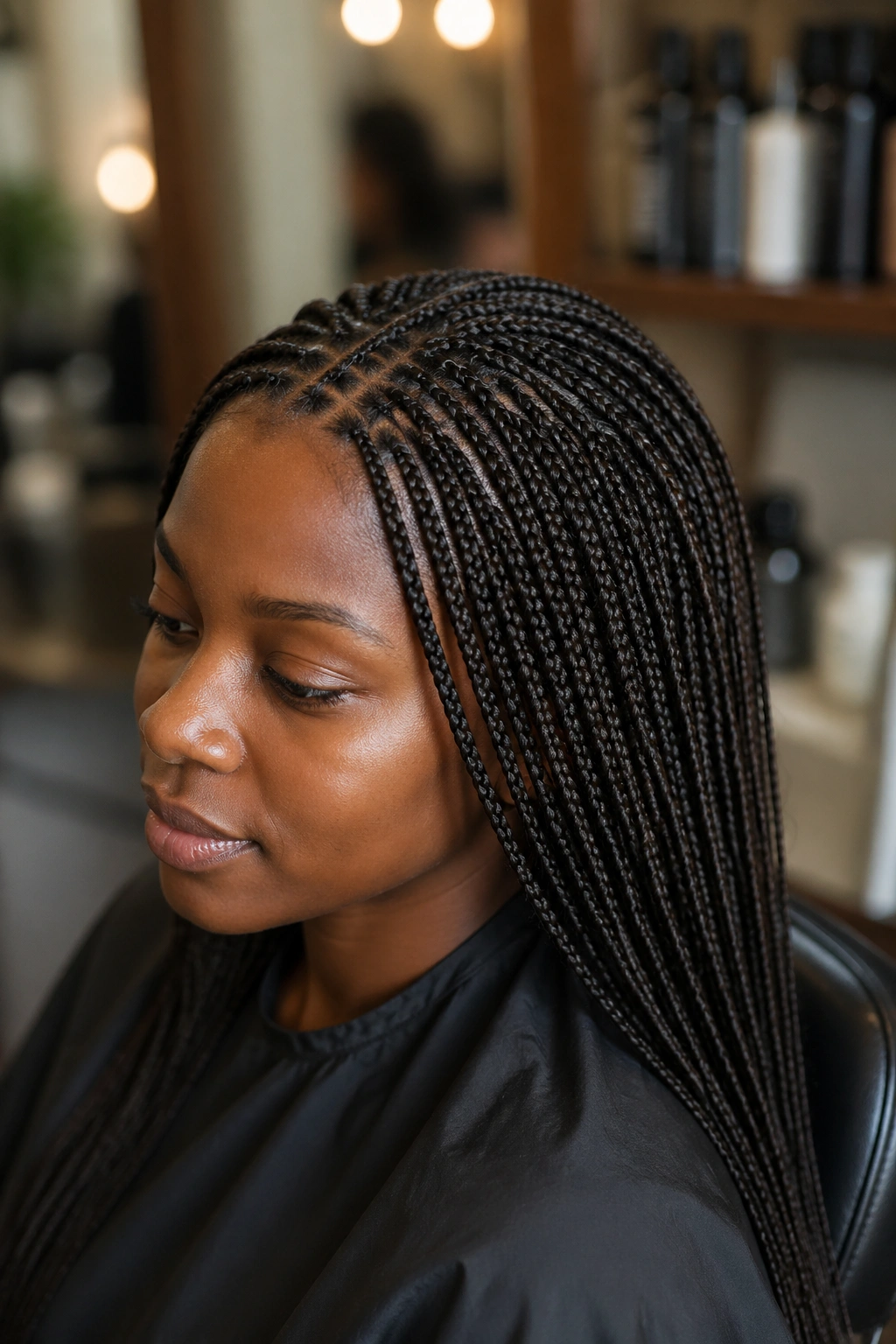 Close-up of a real person with micro braids covering the scalp, ultra-detailed Afro-textured hair