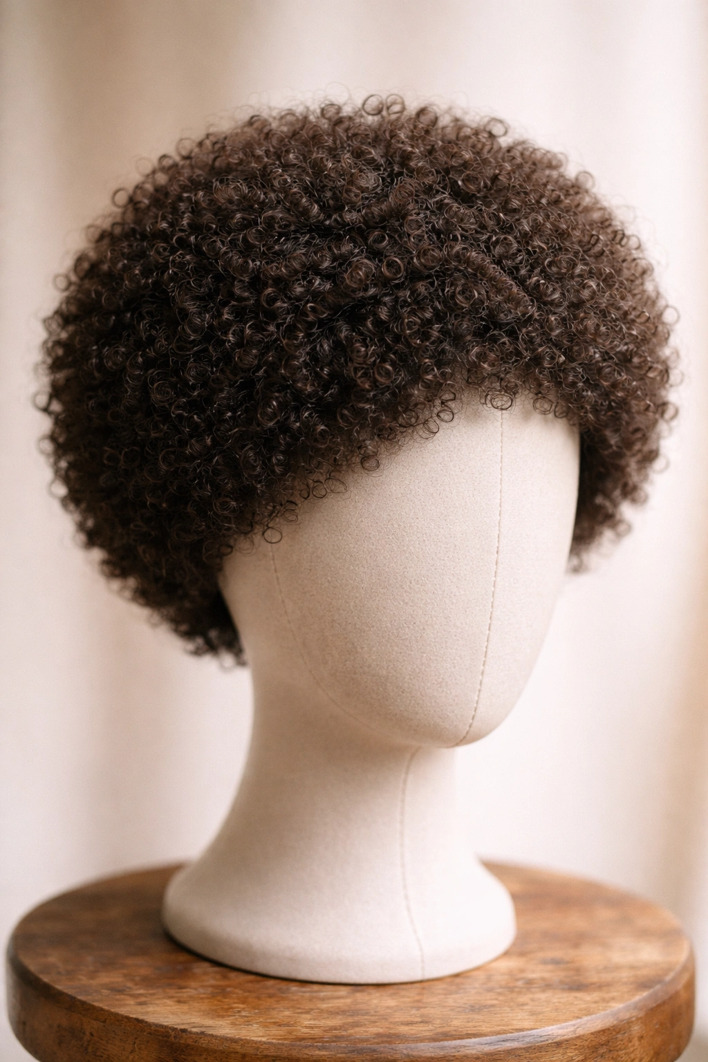 Micro-Coil Mini Afro Wig on a head form with compact rounded shape and dense tiny coils