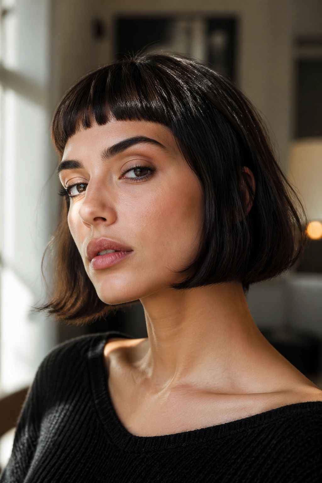 Portrait of real woman with micro fringe Italian bob