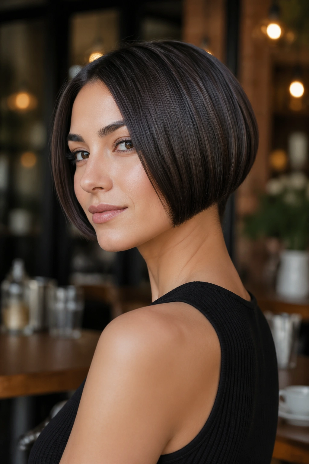 Portrait of a real woman with a micro inverted bob, sharp finish in a chic cafe setting.