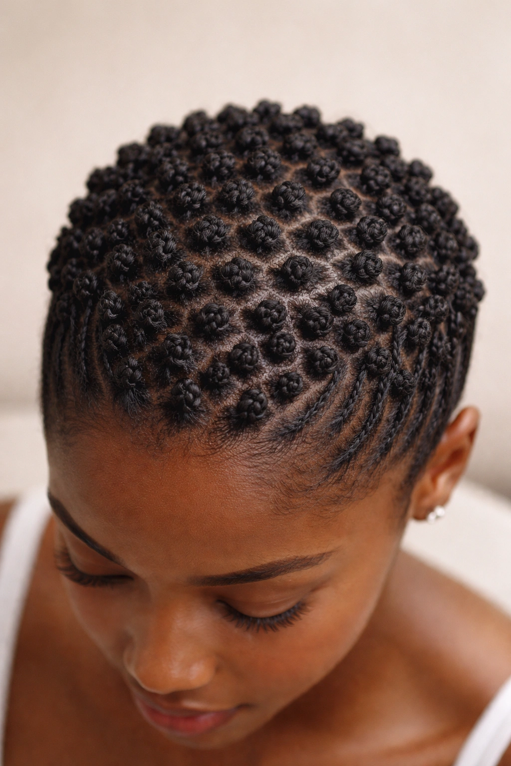 Close-up of a crown of micro knots forming a delicate halo on the scalp