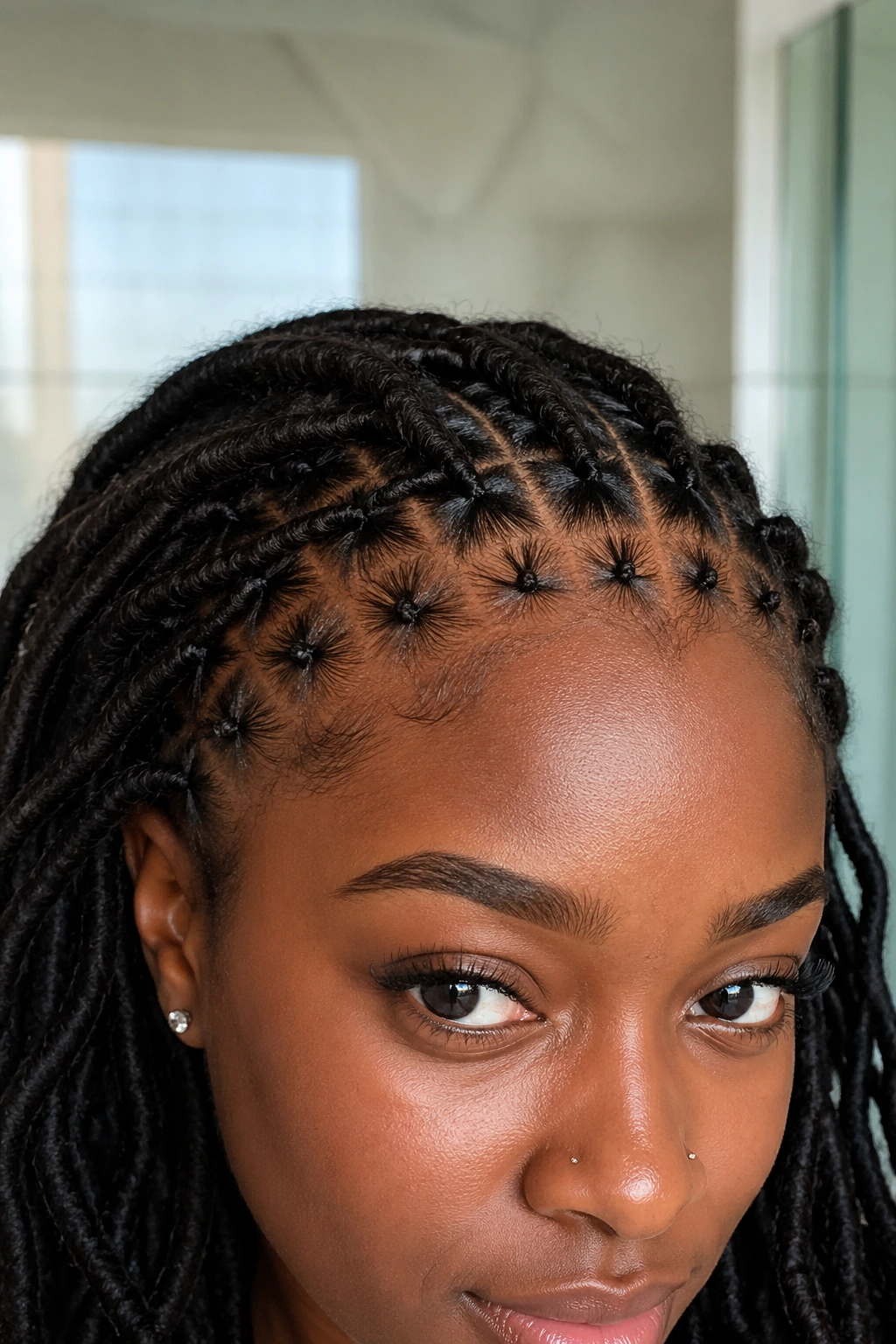 Close-up of a real person with micro knots along the front hairline on locs.