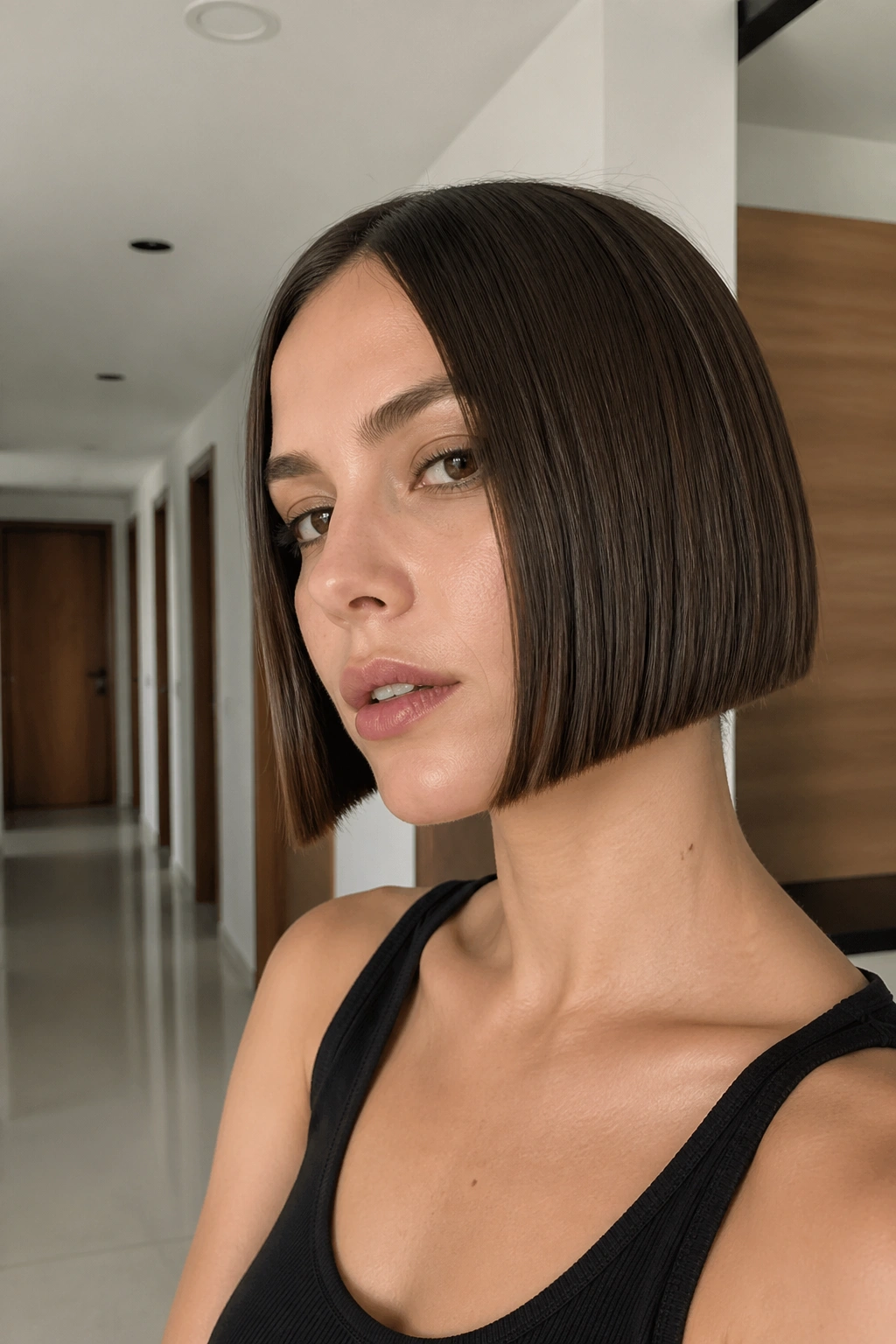 Close-up of a real woman with micro laser cut bob at cheekbone length