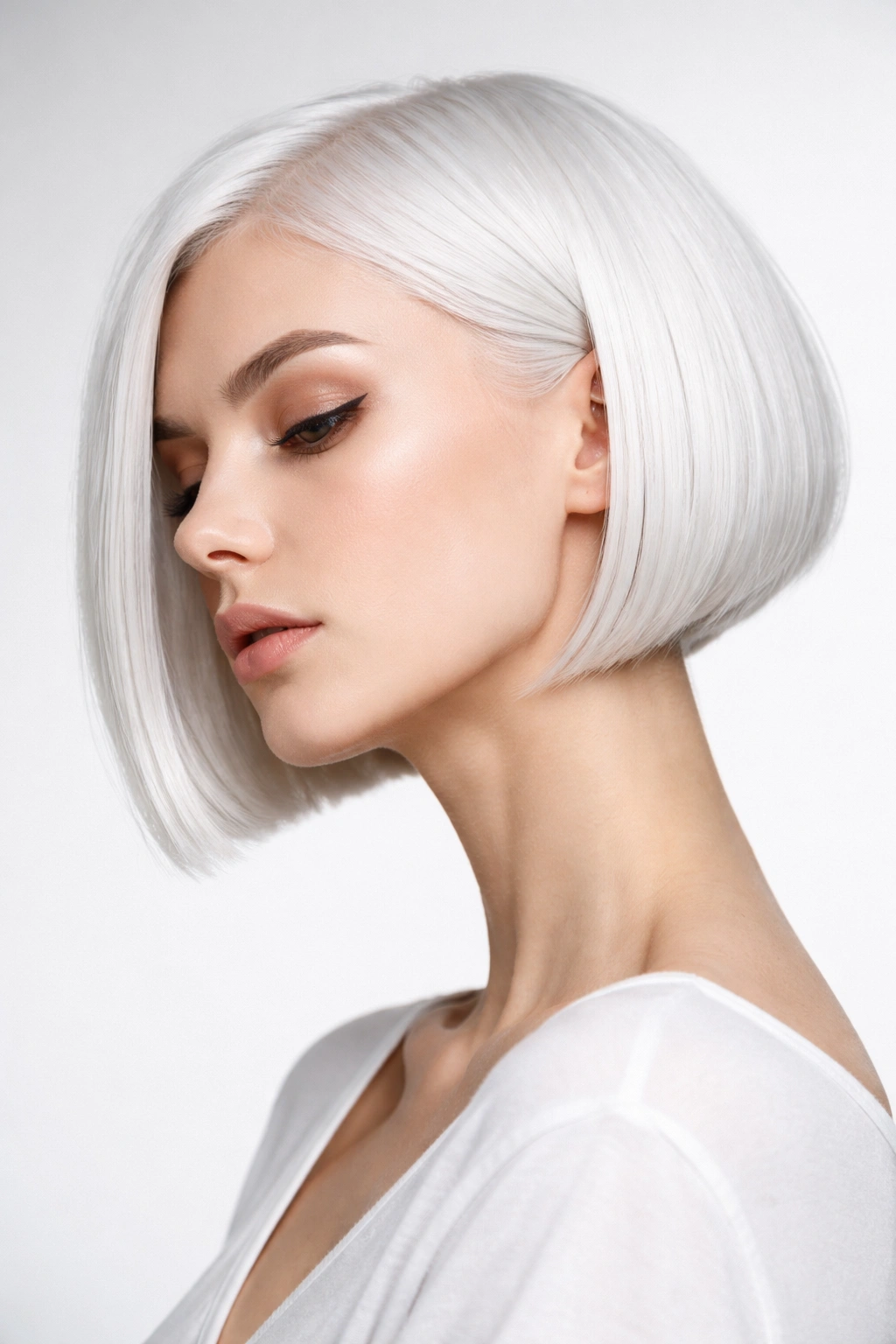 Close-up of a micro white bob hitting the jawline with a sharp, graphic edge in icy platinum