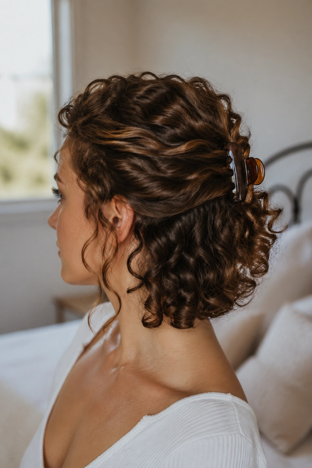 Close-up of a real woman with curly bob showing a mid-crown twist secured by a clip