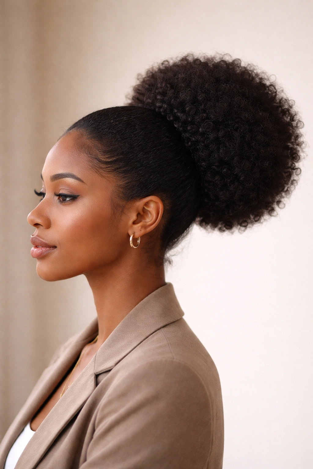 Mid-height rounded afro puff with a soft ball-like shape