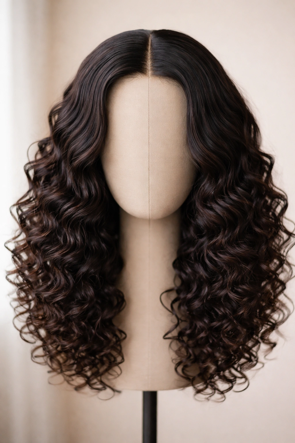 Mannequin head wearing a middle-part curly half-wig with stretched roots, centered part.