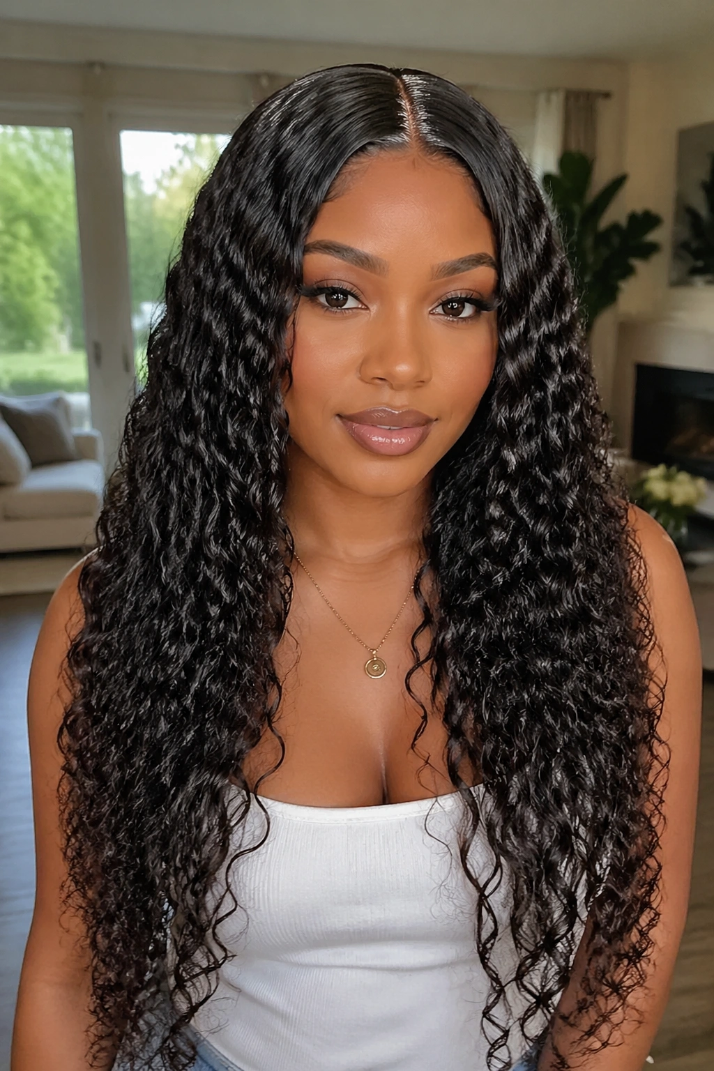 Real person with middle-part wet-look spiral curls