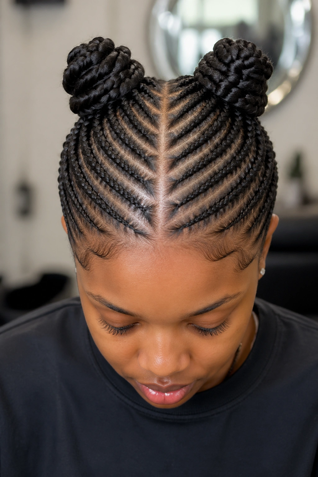 Close-up headshot of a real person with a middle-part straight-back stitch braids and two crown Bantu knots