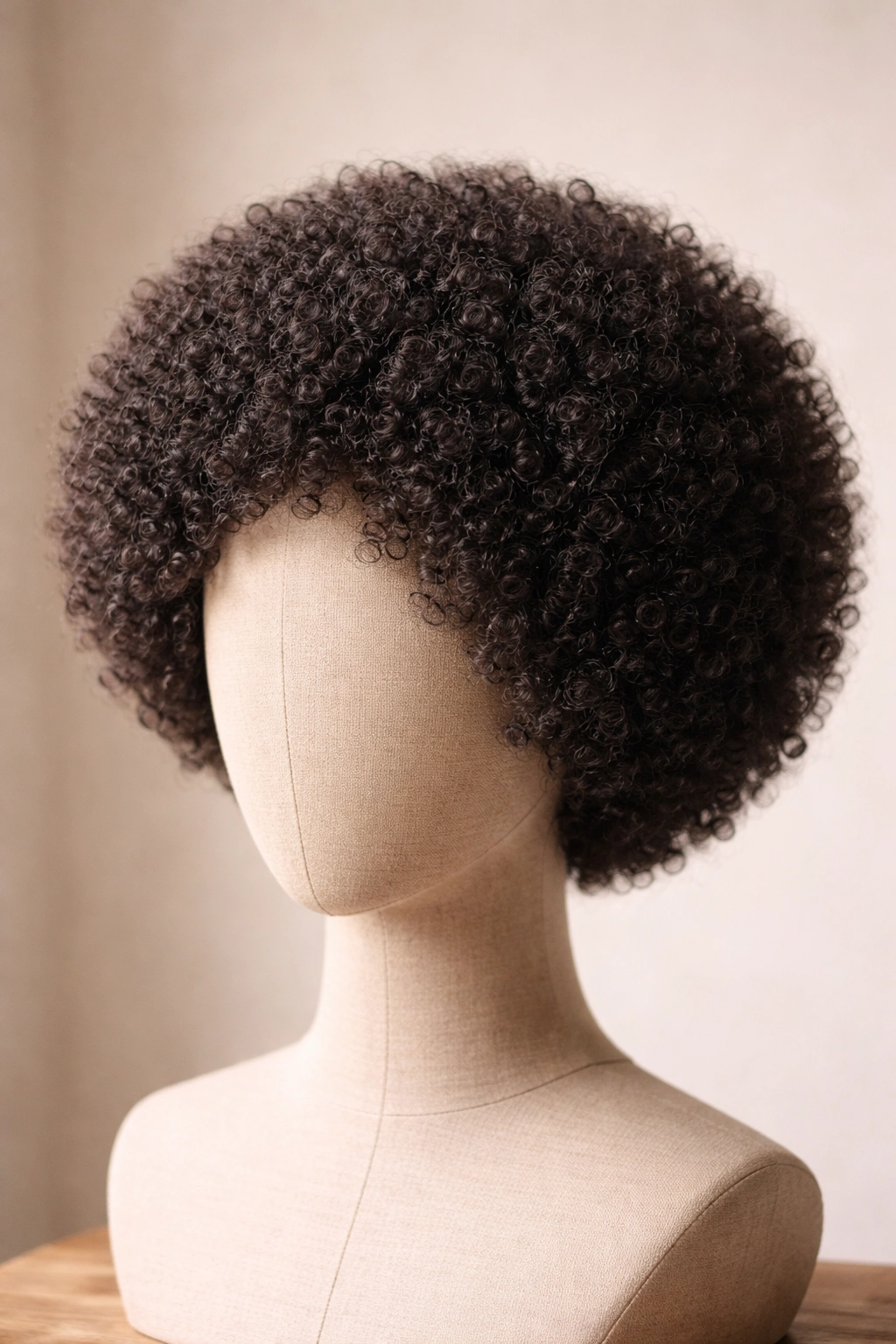 Rounded mini afro wig with 120% density on head form in studio