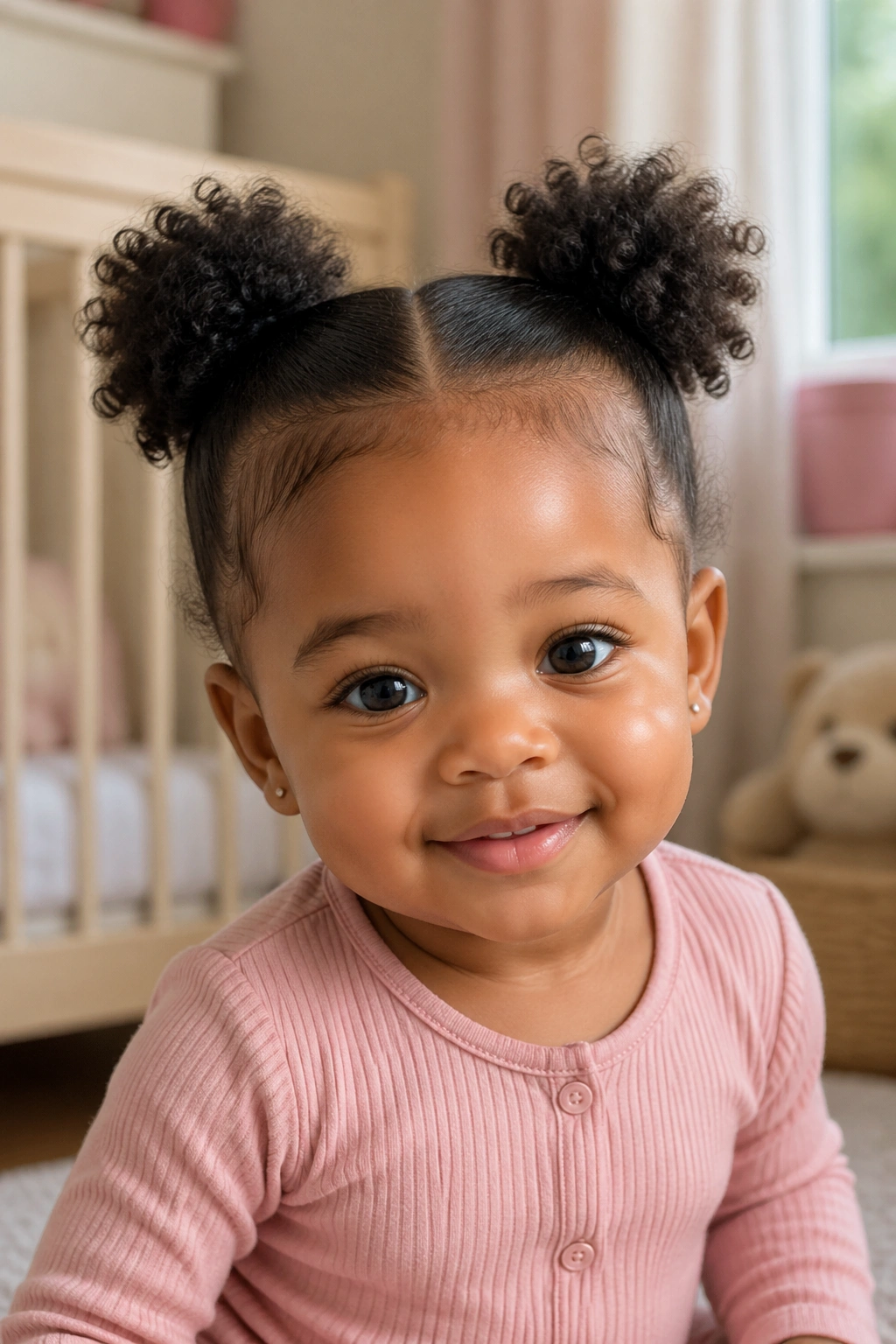 Close-up of a baby girl with two mini afro puffs and a soft part.