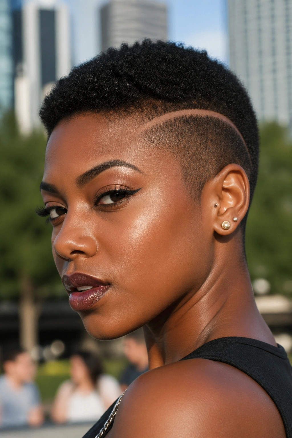 Close-up of mini Afro with shaved design on a real woman's head