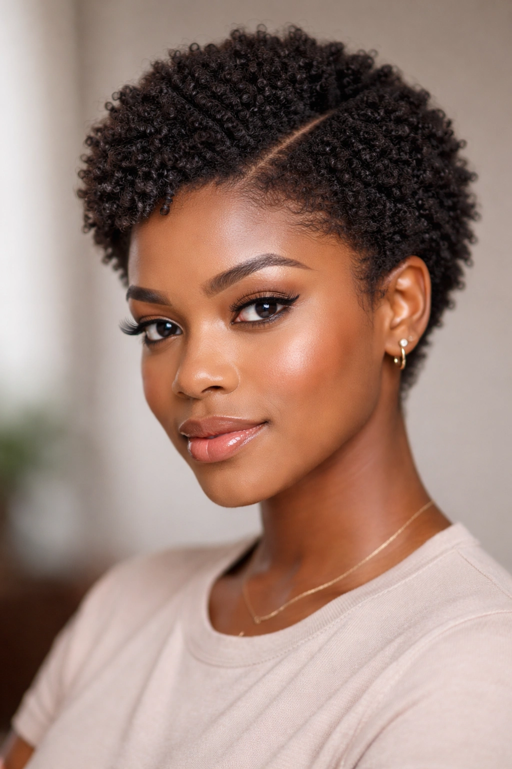 Close-up of mini Afro with a defined side part and visible curl pattern
