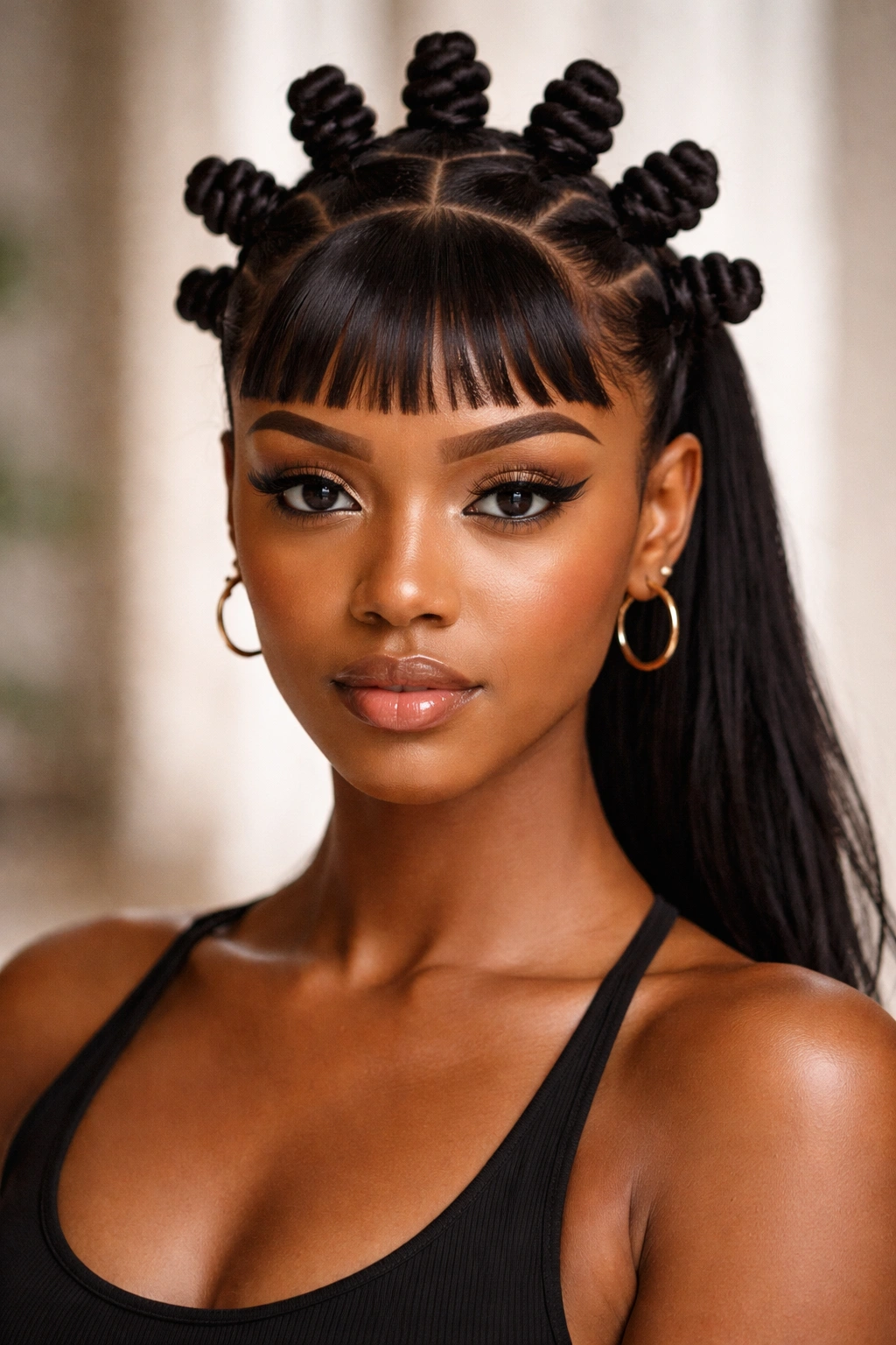 Mini Bantu knot ponytail with micro bangs