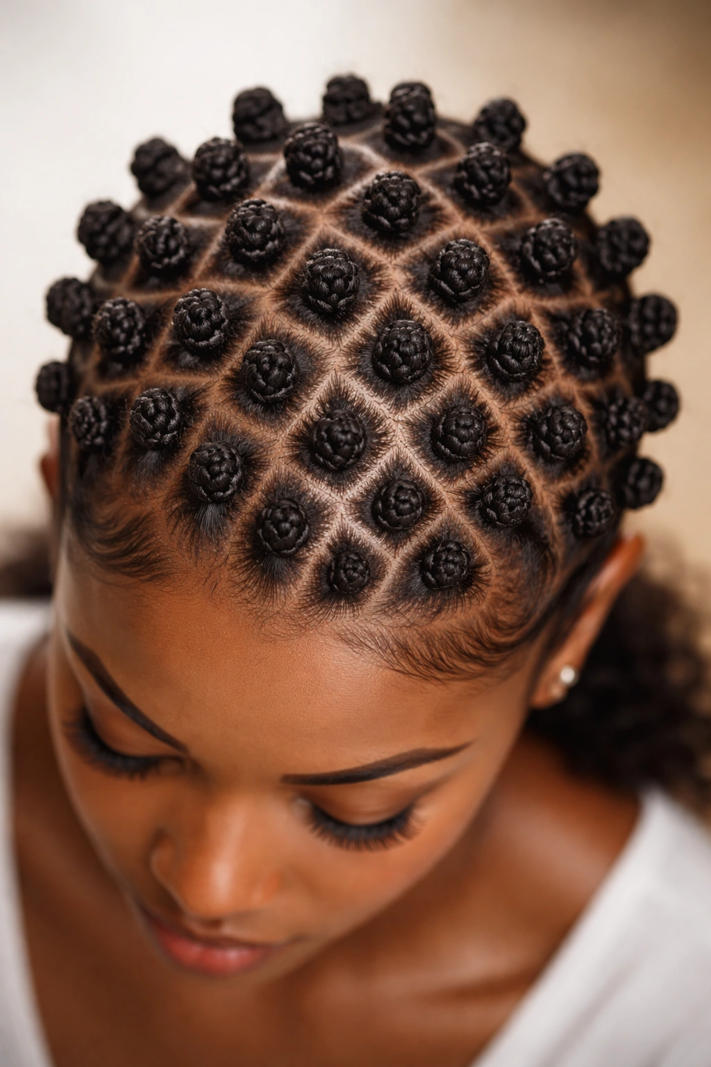 Close-up of a dense grid of tiny Bantu knots on natural hair