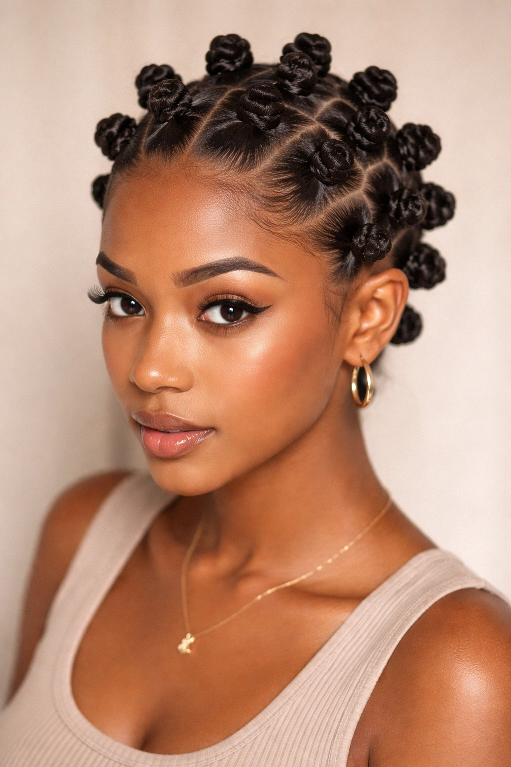 Dense field of tiny Bantu knots on medium-length hair