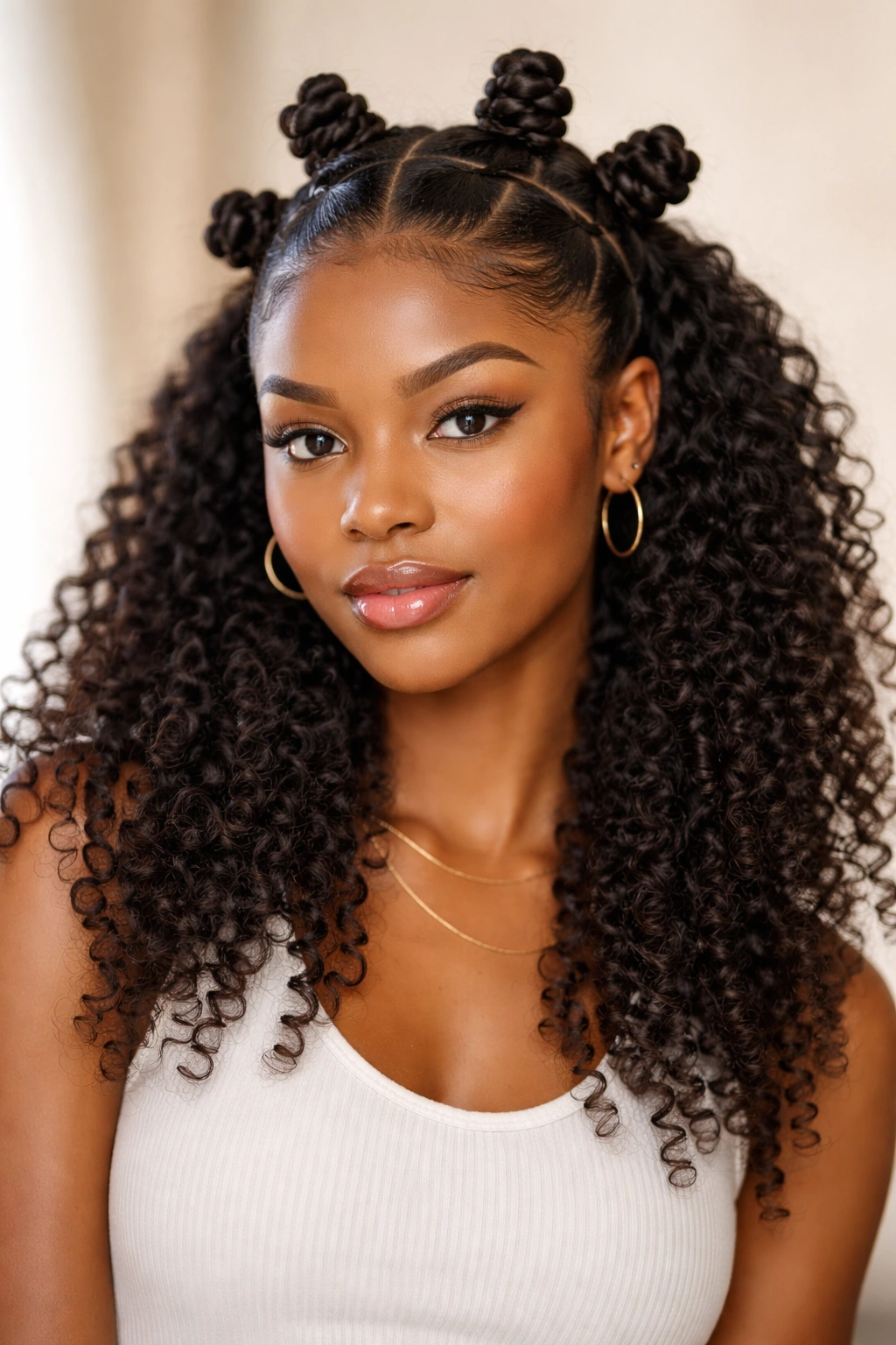 Close-up of mini Bantu knots on the crown with loose curls below.