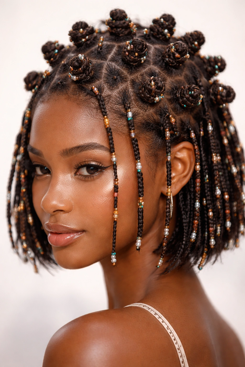 Close-up of mini bantu knots with seed beads on a bob cut