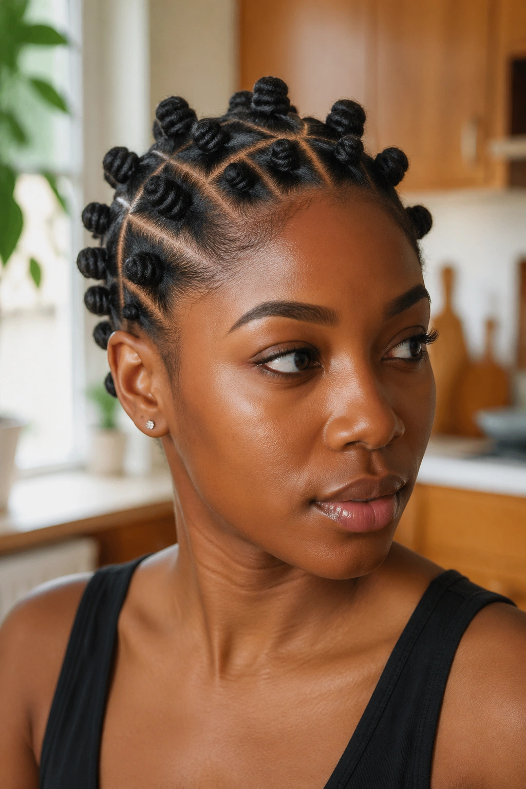 Real person with mini Bantu knots and clean parting on short afro hair