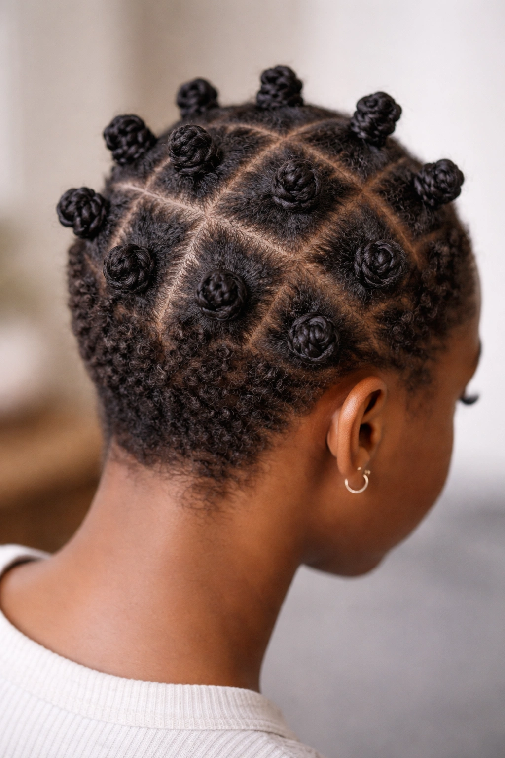 Close view of short hair with many tiny mini Bantu knots
