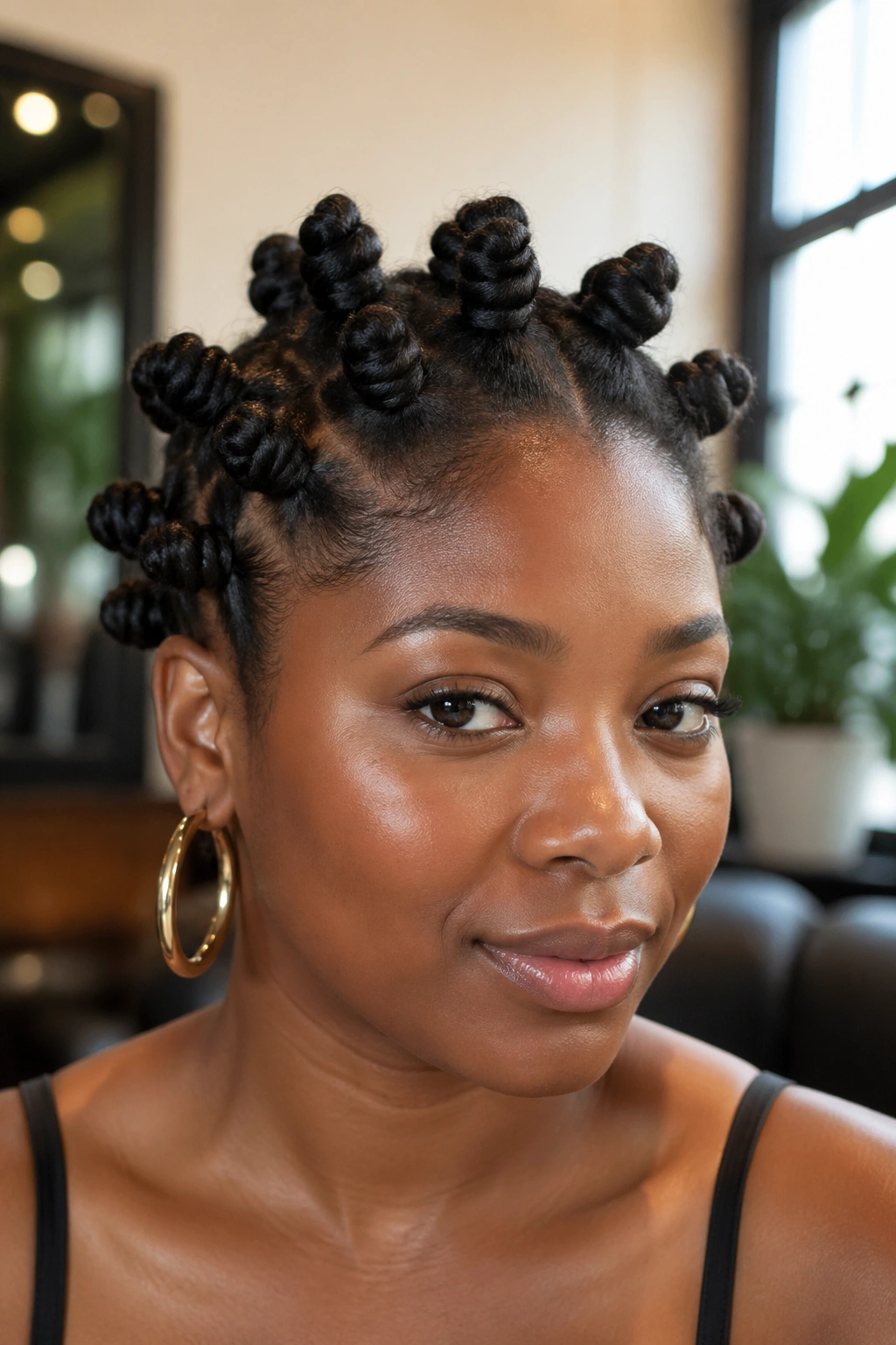 Close-up portrait of a real woman with short natural hair in mini bantu knots on the crown, showcasing vertical lift and sculpted shape