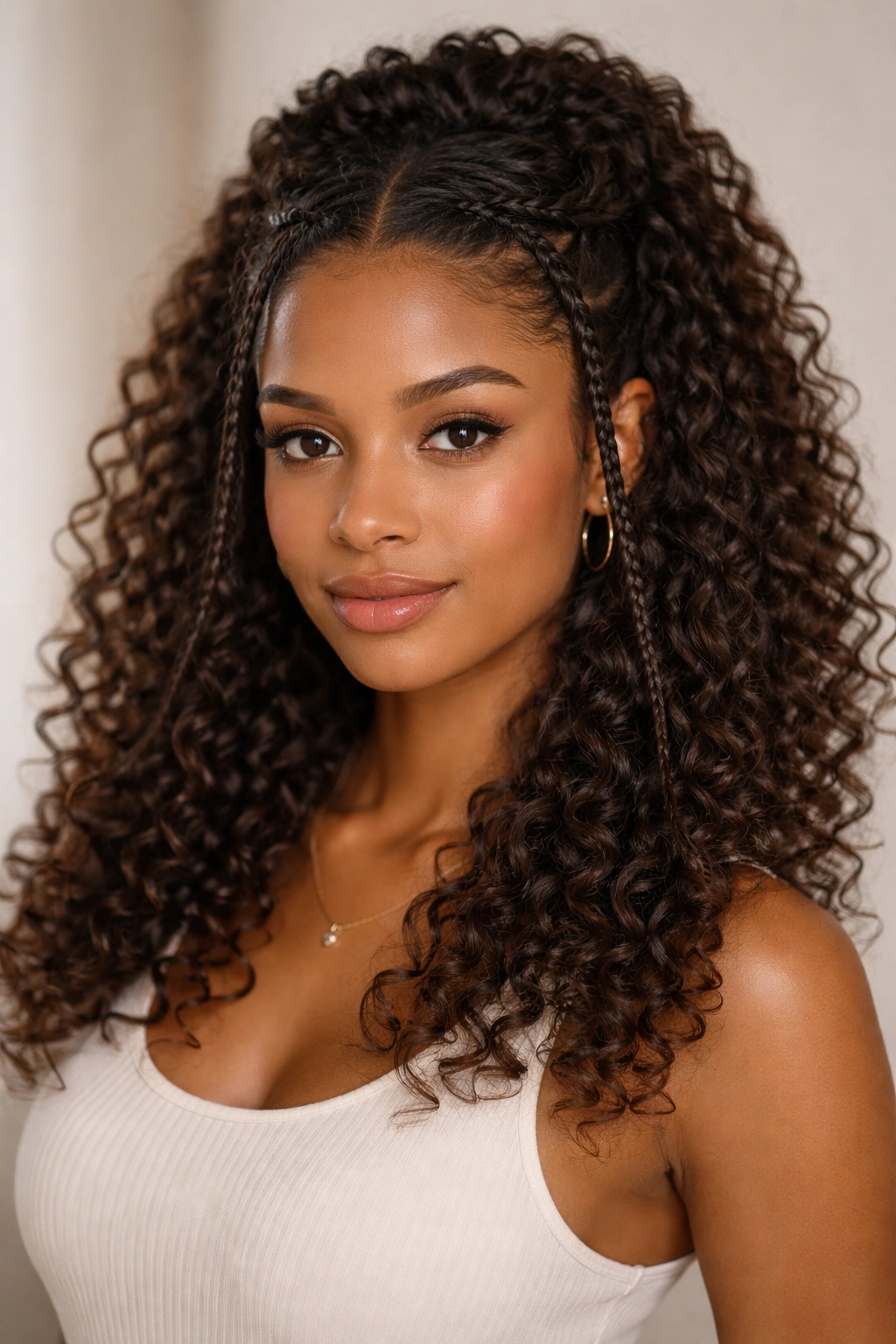 Front mini braids accenting half-up curls