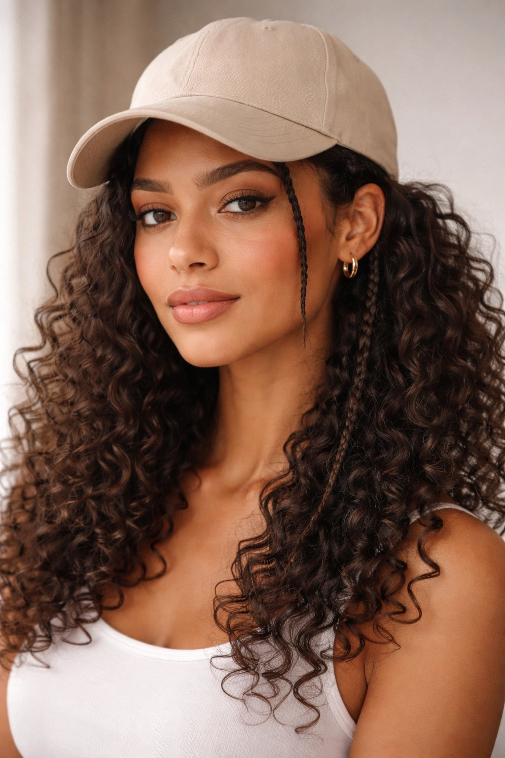 Two slim front braids at the hairline under a cap with loose curls
