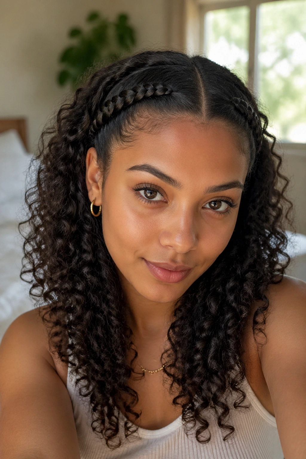 Close-up portrait of a real person with two mini braids pulled back and loose curls