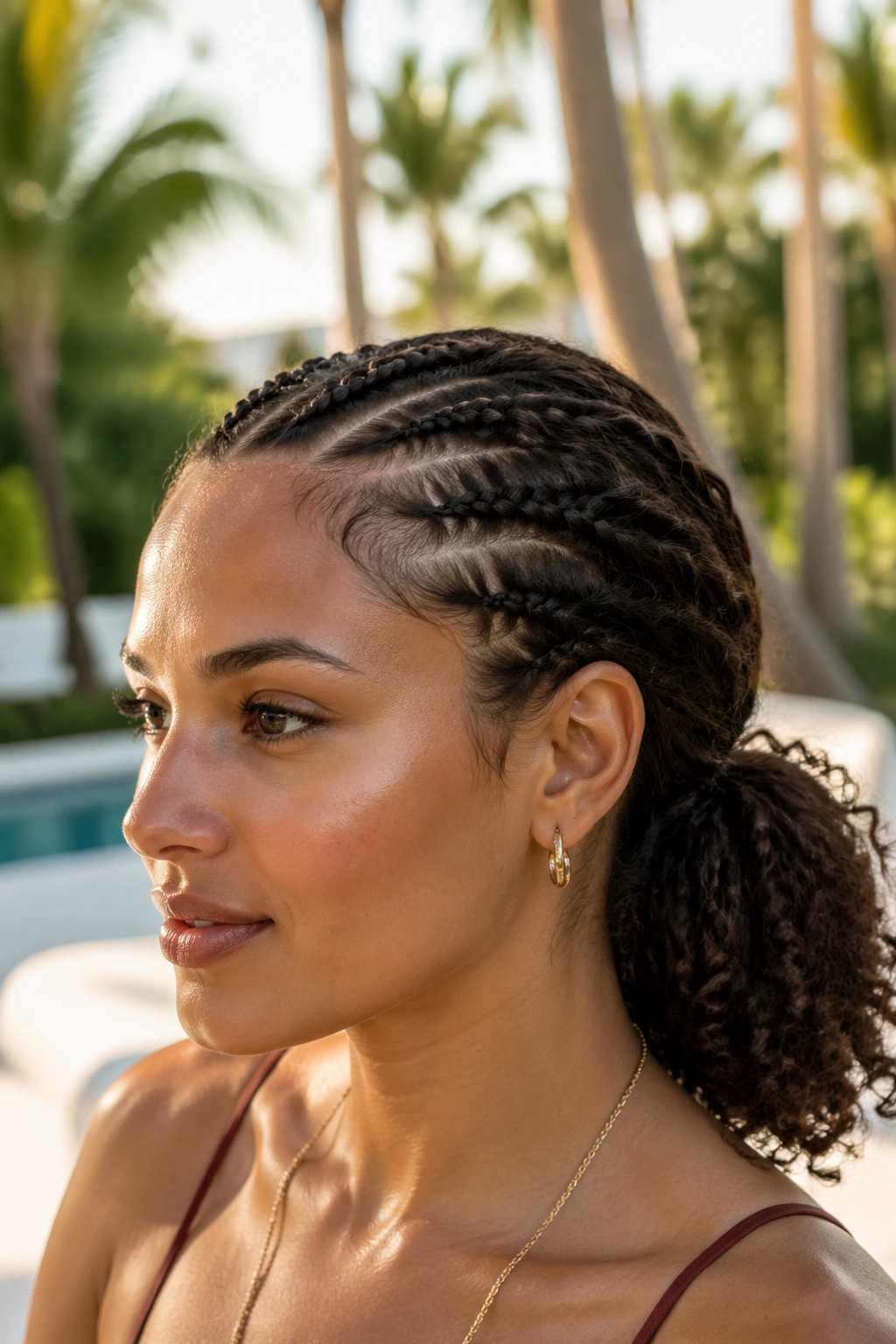 Close-up of a real woman with mini braids forming a low ponytail on vacation